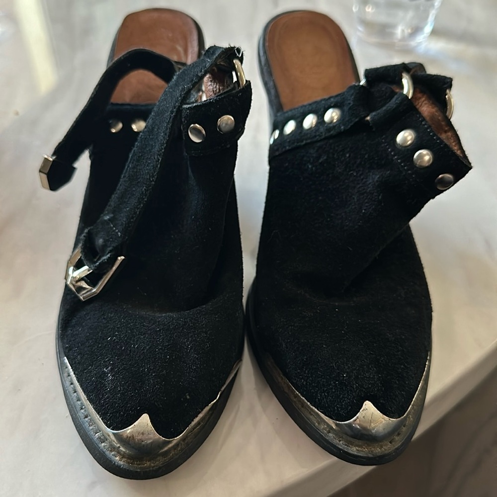 Ibiza Black Suede Studded backless  Shoe Boots with Steel front and Buckle Back